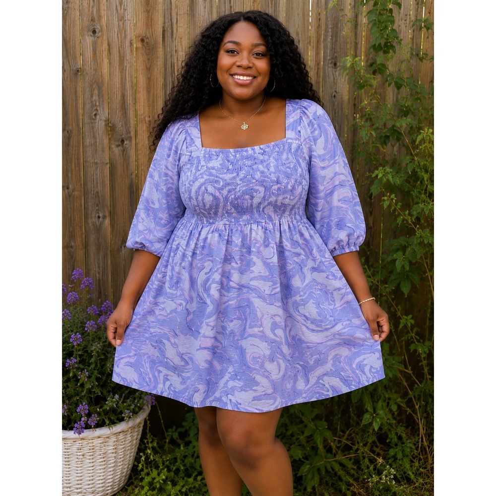 Ava & Viv Lavender Marble Smocked Dress 2X  Puff Sleeve Cotton Mini Cottagecore